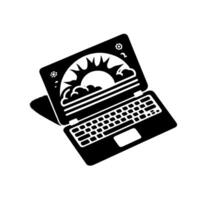 A , stylized laptop with a sunny landscape illustration within its screen, displayed on a white surface. vector