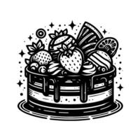 Black and White Illustration of a Layered Cake Adorned with Fruits, Drizzled with Chocolate, and Sparkles, Festive and Decorative. vector