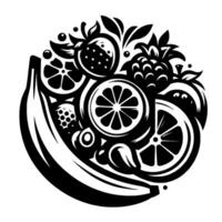 Circular Monochrome Illustration of a Banana and Assorted Fruits Pineapple, Strawberries, Citrus Slices, and Berries, in a striking blackandwhite . vector