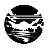 Black and white art of a beach scene in a circular frame, featuring silhouettes of people, palm trees, and rock formations at sunset. vector