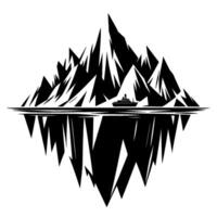 Black and White Illustration of an Iceberg with a Ship, Mirroring in Still Water, Against a White Backdrop. vector