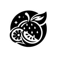 Abstract Black White Citrus Illustration Oranges, Slices, Leaves, Raindrops Stars within a Circular Composition. vector