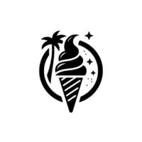 Summer Bliss Ice Cream Cone with Palm Tree and Stars in a Circular Black White . vector
