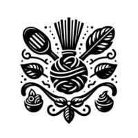 Black and white illustration of pasta, spoon, leaves, and sweets arranged symmetrically, creating an elegant foodthemed . vector