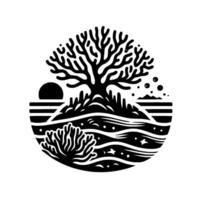 Black White Stylized Illustration of a Tree Overlooking the Ocean with Coral and Sun, in a Circle, with Simplified Details. vector