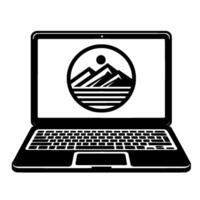 A stylized black and white laptop displaying a minimalist mountain and sun within a circle, a blend of technology and nature. vector