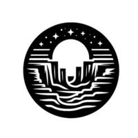 Minimalist Silhouette of a Canyon Landscape Under a Starry Sky, Enclosed in a Circular Frame, Perfect for Travel Designs. vector