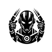 Futuristic Cybernetic Warrior with Dual Claw Weapons in a Circular Black and White Emblem . vector