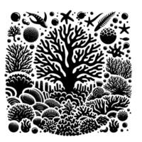 Black and White Marine Ecosystem Detailed illustration of coral reefs, sea life, and marine flora in intricate patterns and forms. vector