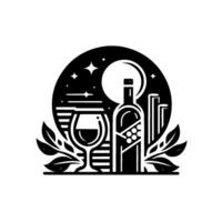 A sophisticated black and white illustration of a wine bottle, a glass, leaves, and a moonlit scene. vector