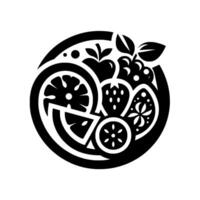 A stylized monochrome illustration features a circular arrangement of fruits, including an apple, strawberries, grapes, and citrus segments, set in a round border. vector