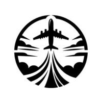 Silhouette of an Airplane Taking Off Amidst Clouds Within a Circular Frame, a Illustration in Black and White. vector