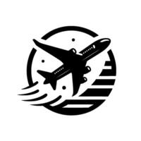 Black and White Airplane Silhouetted in Flight Inside a Circle with Motion Trails and Striped Horizon, Minimalist . vector