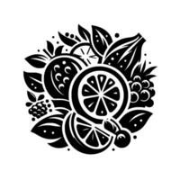 Abstract Monochrome Arrangement of Citrus, Berries, and Leaves, Depicting a Circular , Emphasizing Freshness. vector