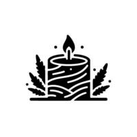 Black and white illustration of a rustic candle with a flame, surrounded by stylized leaves and dotted accents, evoking warmth and tranquility. vector