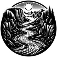 Black and White Circular Nature Scene Winding River, Towering Cliffs, Forest, Mountains, and a Sun in a Stylized Illustration. vector
