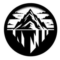 Black and white mountain landscape illustration within a circle featuring a peak, clouds, and a stylized iceberg reflection. vector
