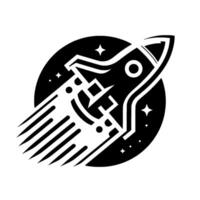 Stylized monochrome illustration of a rocket blasting off, framed by a black circle and sparkling stars, evoking a sense of space exploration and futuristic . vector