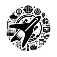 Conceptual Black and White Illustration of a Rocket Ship Surrounded by Business, Travel, and Technology Icons in a Circular Composition. vector