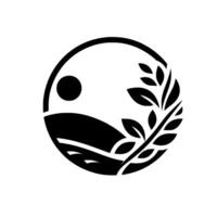 Black and white circular emblem featuring a minimalist landscape with a sun, rolling hills, water, and an olive branch, signifying peace and nature. vector