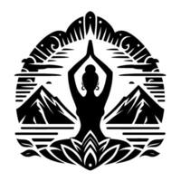 Silhouette of a woman in lotus pose amidst a stylized mountain landscape, enclosed within an ornate circular frame, representing tranquility and meditation. vector