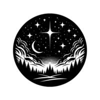 Black and white circular illustration of a starry night with a crescent moon, crossshaped stars, clouds, and silhouetted trees. vector