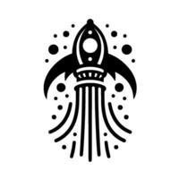 Minimalist black and white illustration featuring a rocket ship with stylized flames, and a columnlike base, amid dots. vector