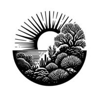 A stylized black and white illustration of a landscape, with a sunburst above a shoreline, trees, and other natural elements, within a circular frame. vector