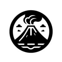 Simplified Black and White Circular Illustration of a Mountain Volcano Erupting Smoke Over Water, with Clouds. vector