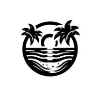 illustration of a tropical sunset scene within a circle, featuring stylized palm trees, water reflections, and a beach. vector