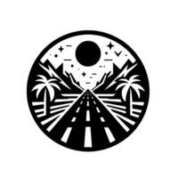 A circular black and white illustration depicting a highway at night, with palm trees, mountains, stars and a moon. vector