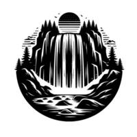 Black and white minimalist circular illustration of a majestic waterfall cascading into a river surrounded by pine trees, mountains, and a stylized sun. vector
