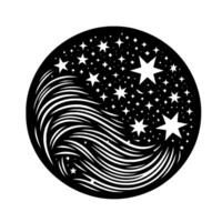 Black and White Circular Artwork A Starry Celestial with Flowing Lines. vector