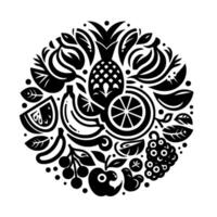 Stylized Black and White Circular Composition of Various Fruits and Leaves, Illustrative vector