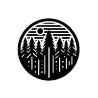 Black and white featuring silhouetted evergreen trees, moon and horizontal lines, contained within a circle. vector