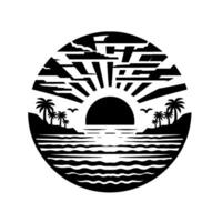 Black and white circular art featuring a stylized sunset over a calm ocean, with palm trees on islands, geometric rays, and birds. vector