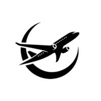 Monochromatic Silhouette of an Airplane Soaring Within a Crescent, Evoking Flight and Travel. vector