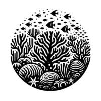 Elegant black and white circular illustration of a vibrant coral reef teeming with diverse marine life, including schools of fish and intricate coral formations. vector