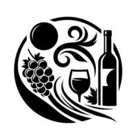 Monochrome circular featuring a stylized grapevine with grapes, a glass of wine, a bottle, a leaf, and decorative flourishes, against a white background. vector