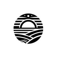 Minimalist Black and White Circle Sunrise Over Rolling Fields, Geometric with Arched Motif and Three Celestial Dots. vector