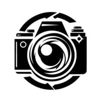 Stylized monochromatic illustration of a camera, encircled, focusing on its lens with detailed aperture . vector