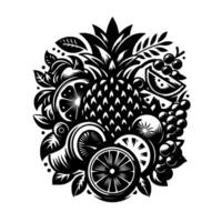 A bold, geometric black and white illustration of a pineapple surrounded by sliced citrus fruits, grapes, and leaves, forming an abstract composition. vector