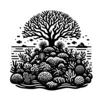 Monochrome illustration depicts a tree emerging from an underwater coral reef ecosystem, with fish swimming above. vector