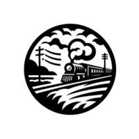 Black and white circular illustration of a vintage steam train traversing a landscape with clouds, railway tracks, and telephone poles. vector