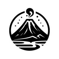 A stylized minimalist emblem of Mount Fuji with smoke, encircling dots, a river landscape, all contained within a bold circular frame, in black on white. vector