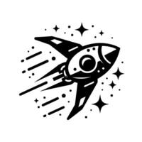 Black and White Illustration of a Rocket Ship Soaring Through Space Surrounded by Stars and Specks, Exuding a Sense of Adventure and Cosmic Exploration. vector