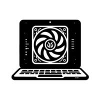Black and White Illustration of a Laptop with a Prominent Cooling Fan Displayed on the Screen. vector