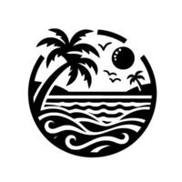 Silhouette of a tropical beach scene with palm trees, ocean waves, sun, and birds, within a circular frame. vector