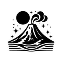 Stylized black and white illustration of a volcano erupting smoke, with a moon, stars, and flowing lines, on a white background. vector