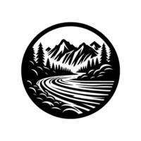 A stylized black and white mountain landscape illustration encircled, featuring a flowing river, coniferous trees, and imposing peaks. vector